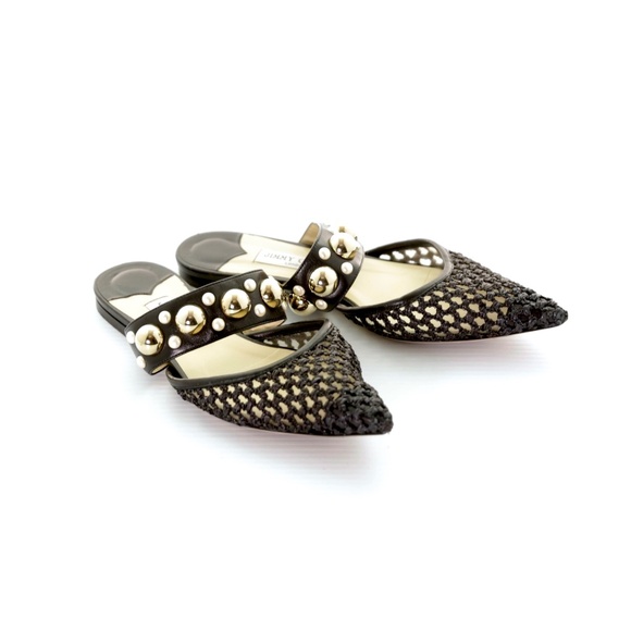 Jimmy Choo Basette Black Woven Embellished Studded Raffia Leather Flat Mule 39/9 - Picture 2 of 9